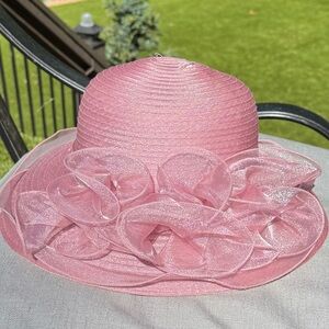 Pink Wide Brim Dress Hat w/ Ruffle Trim | Church Derby Tea Party Easter